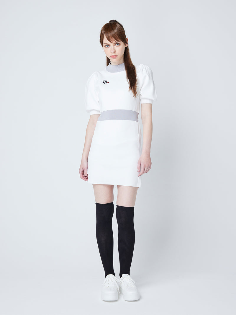 半袖 パフスリーブ バイカラー ニット ワンピース / ホワイト [DAO-23SS01-WHT]